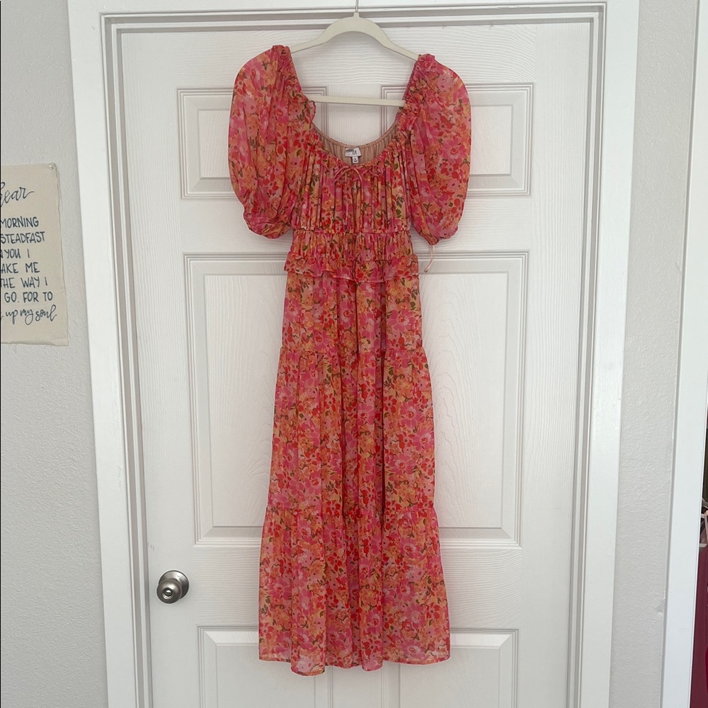 Zara Pink Floral Puff Sleeve Maxi Dress